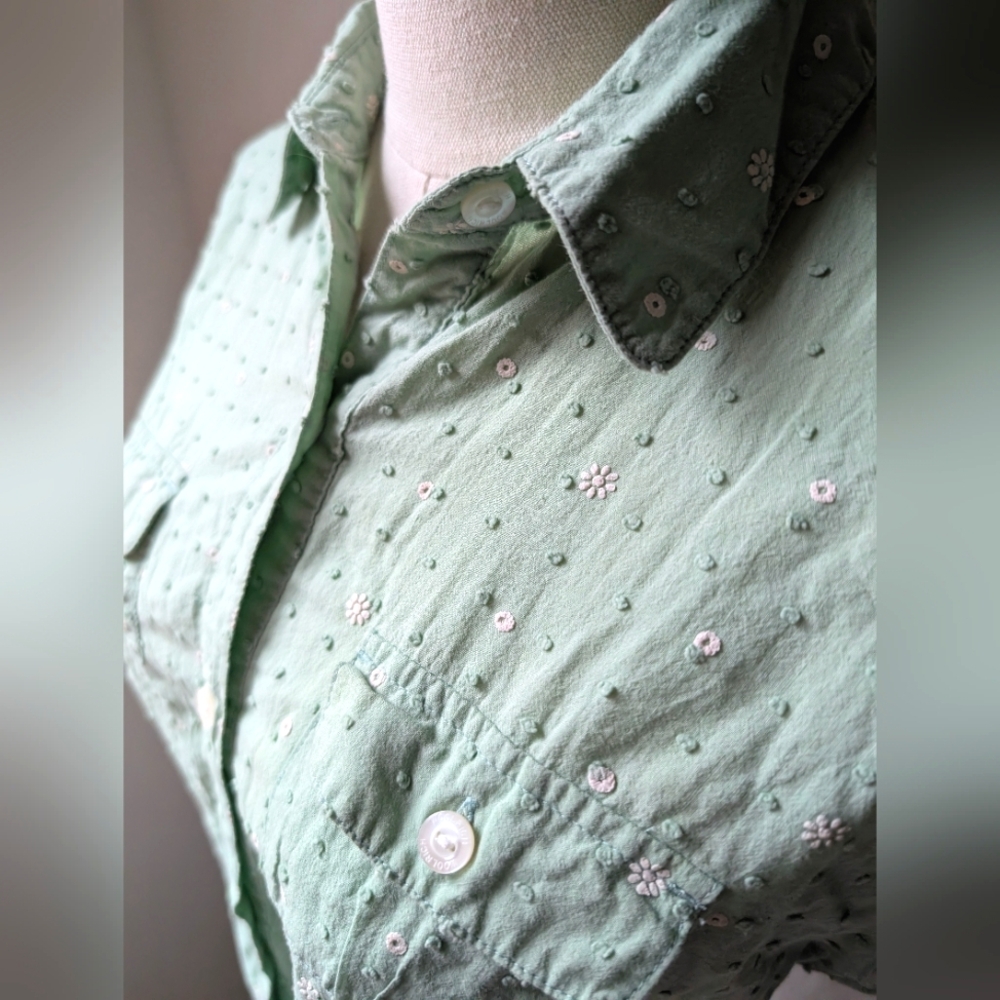 Vtg Woolrich Floral Dimple Embroidered Button Down Short Sleeve Mint Pistachio